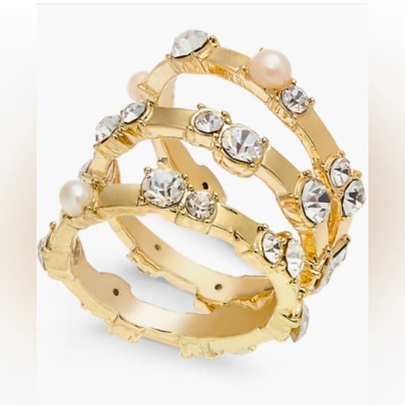 Inc Gold Stacking Ring Set 3 Sz 8 Faux Pearl Crystal Stone New Rings Rhinestone - Picture 3 of 4